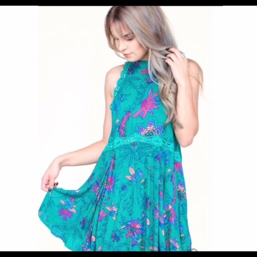 Free People Green Floral Chemise Dress .